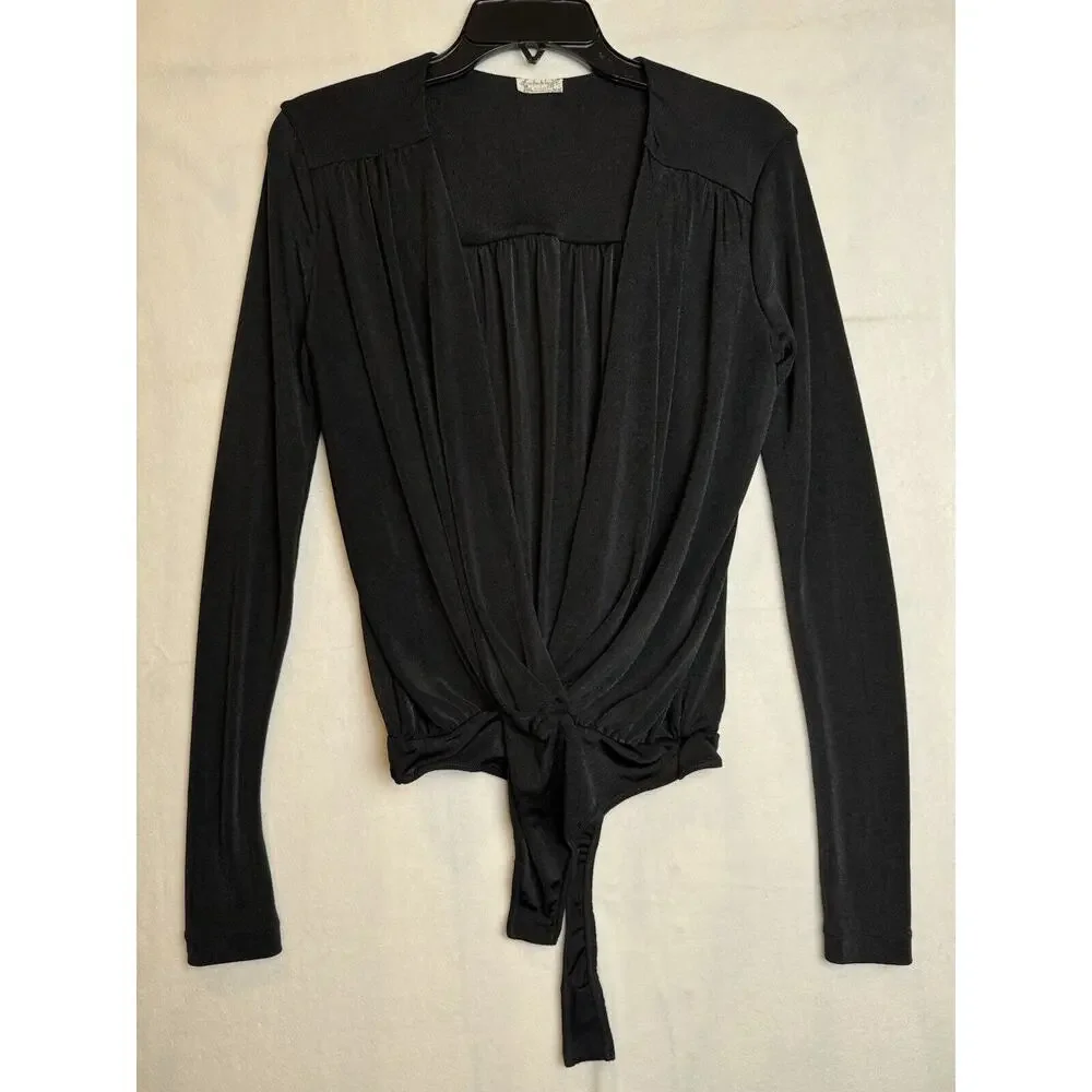 Free People‎ Intimately Turnt Bodysuit Womens S Black Surplice Long Sleeve Thong